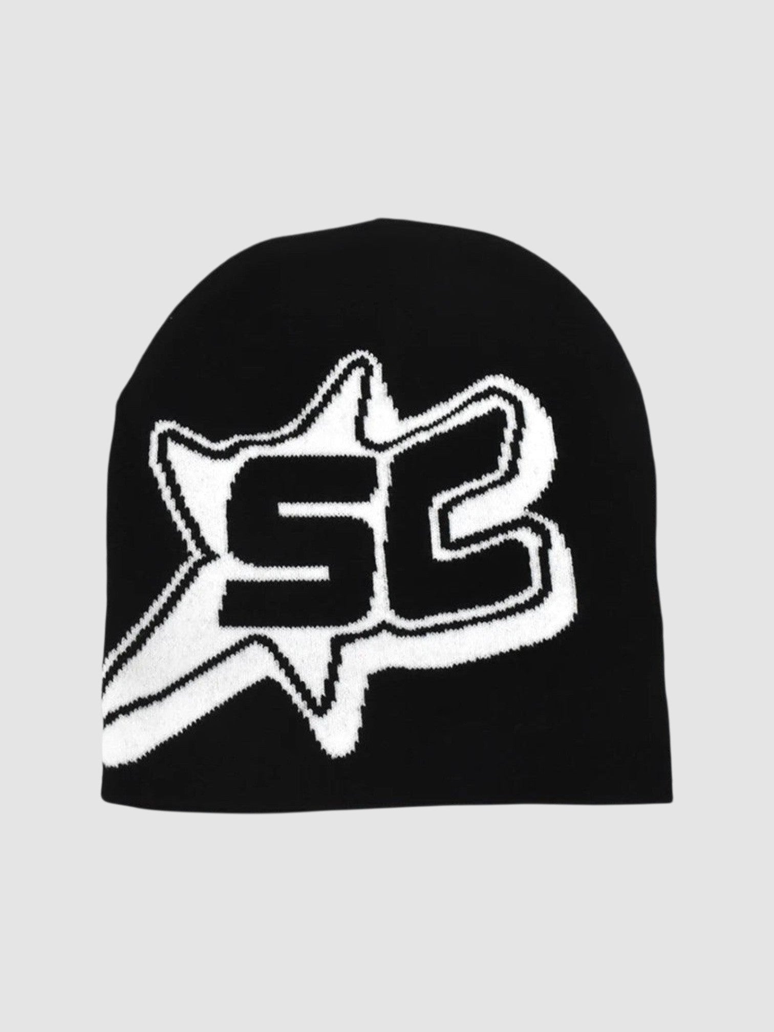 Y2K Studio black skullie beanie featuring a white SC monogram inside a shooting star graphic