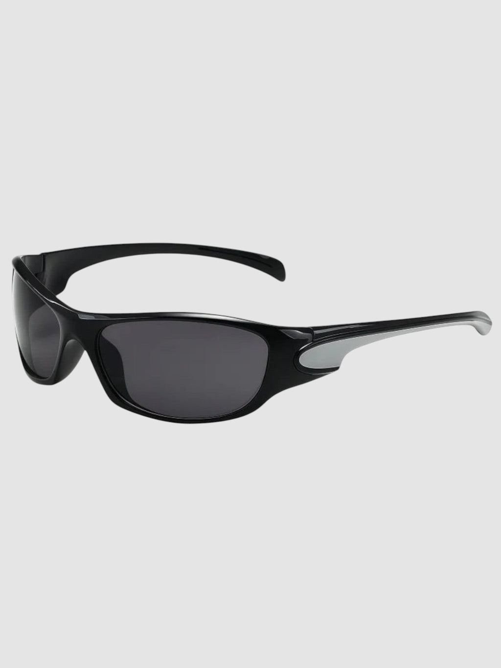 Y2K Studio wraparound sport sunglasses in black and silver with anti-reflective UV400 lenses and rubber inserts