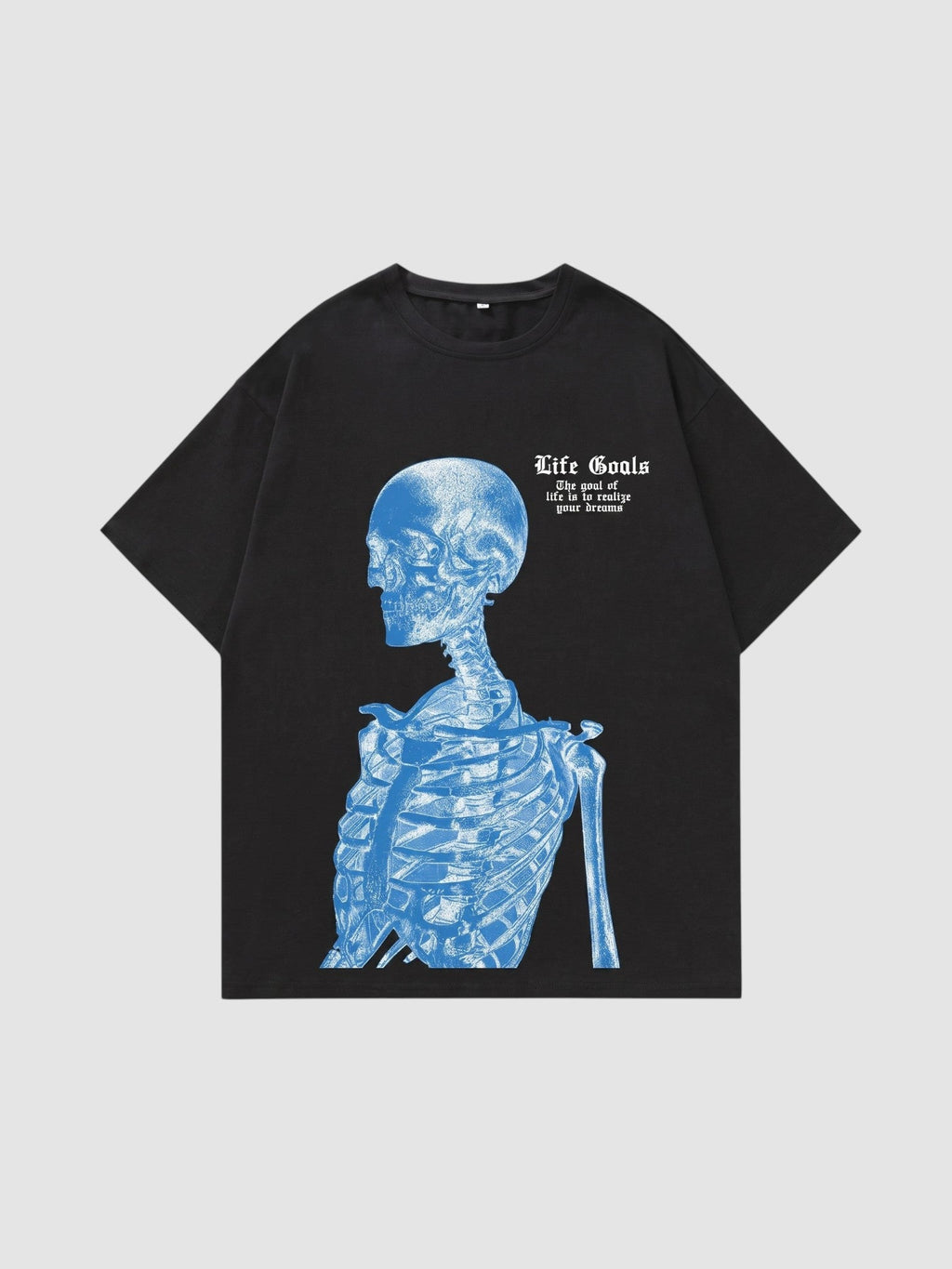 Y2K Studio unisex black cotton t-shirt with a blue electric skeleton print and gothic Life Goals text
