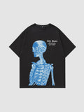 Y2K Studio unisex black cotton t-shirt with a blue electric skeleton print and gothic Life Goals text