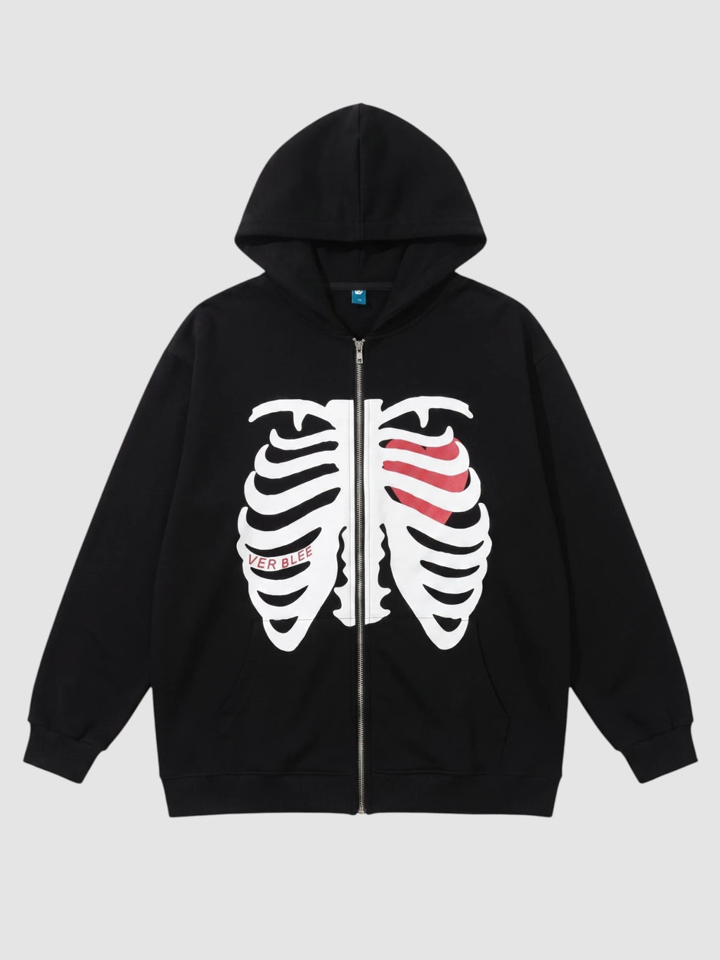 Y2K Studio black zip-up hoodie featuring a white skeleton rib cage print with a red heart detail on the chest.