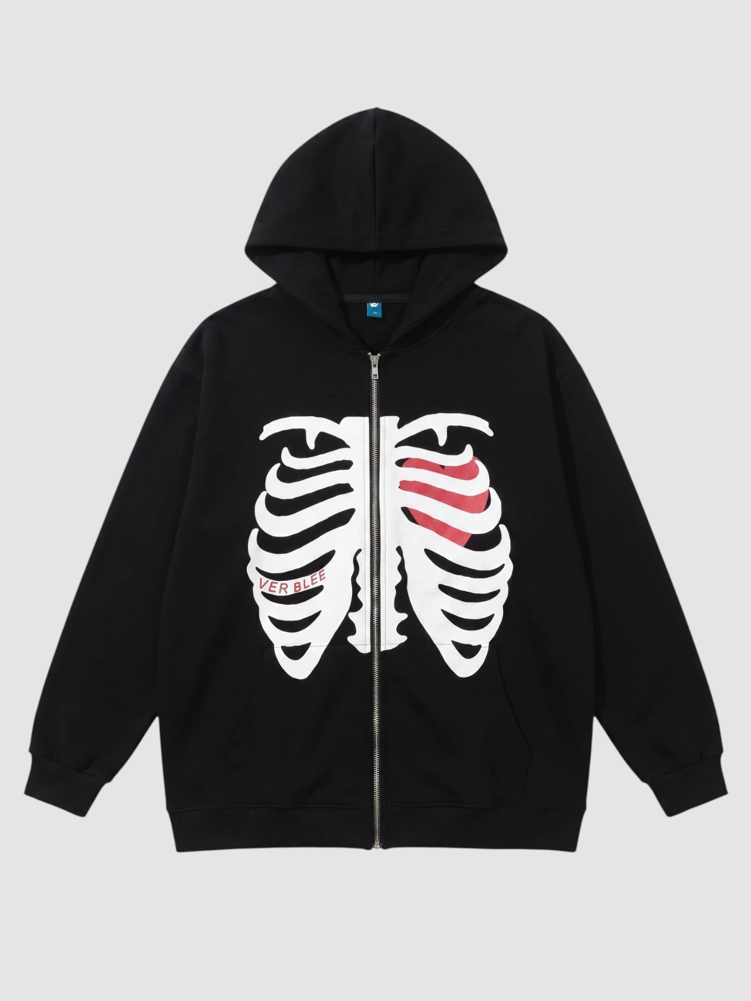 Y2K Studio black zip-up hoodie featuring a white skeleton rib cage print with a red heart detail on the chest.
