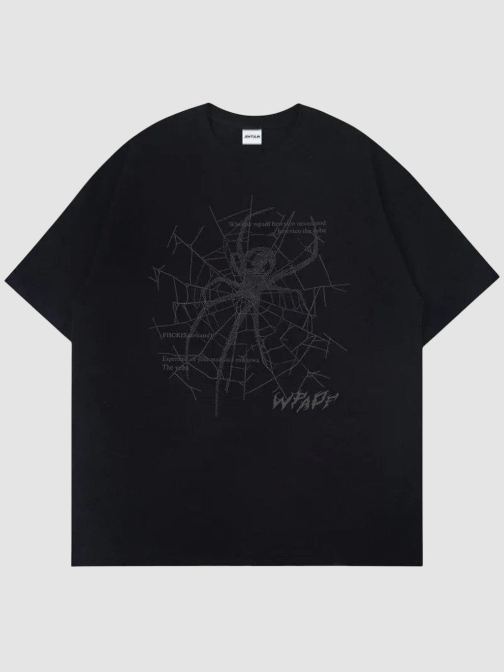 Y2K Studio black oversized t-shirt featuring a dark grey spider web print and gothic lettering on the front.