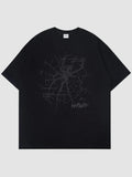 Y2K Studio black oversized t-shirt featuring a dark grey spider web print and gothic lettering on the front.