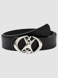 Y2K Studio black faux leather belt featuring a shiny silver star-shaped buckle with a sleek, modern design.