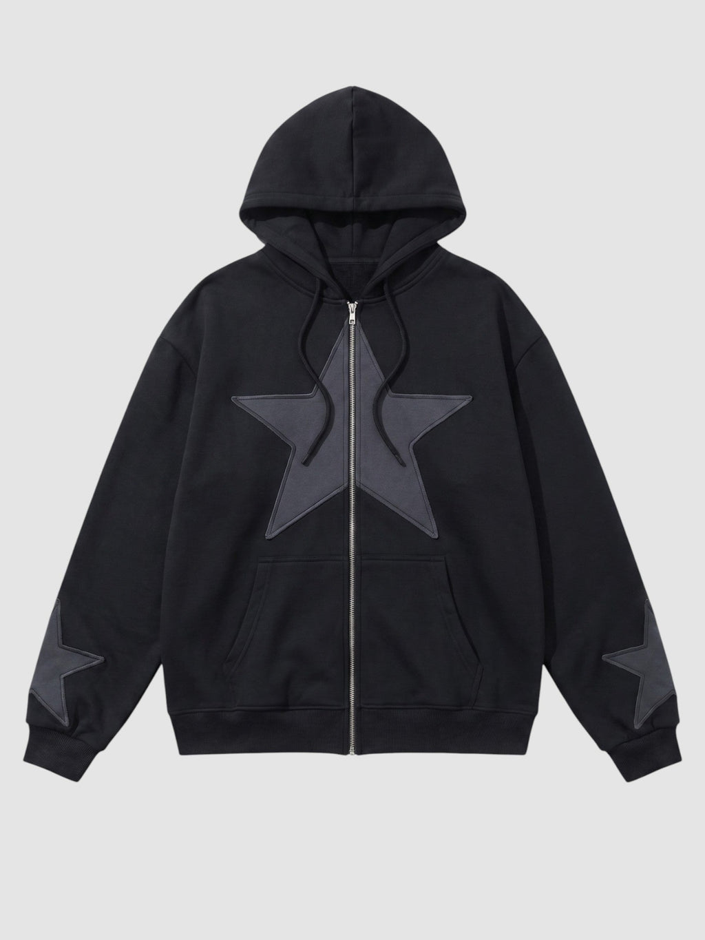 Y2K Studio black zip-up hoodie with large grey star patch on chest and smaller stars on sleeves, oversized fit