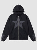 Y2K Studio black zip-up hoodie with large grey star patch on chest and smaller stars on sleeves, oversized fit