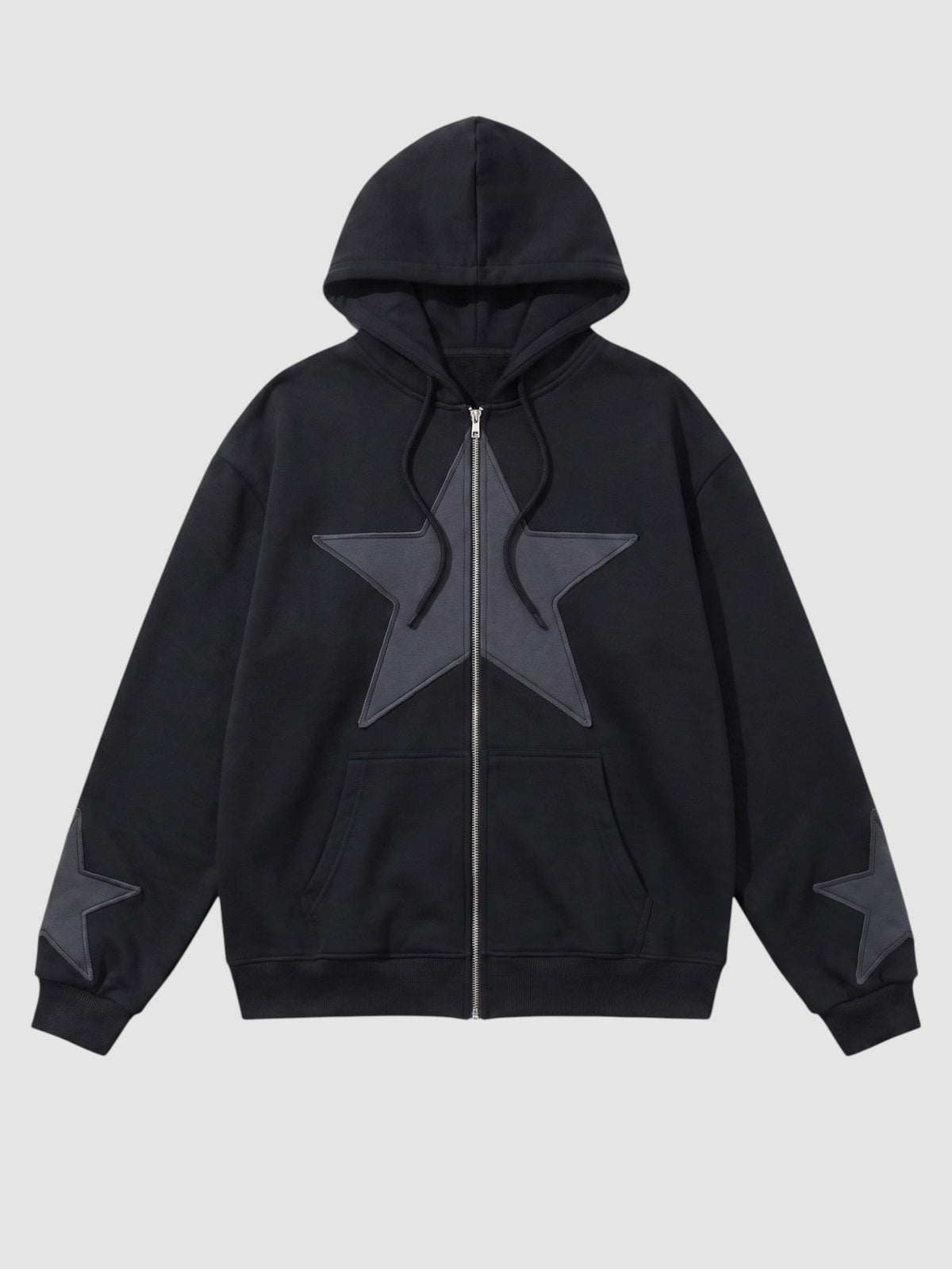 Y2K Studio black zip-up hoodie with large grey star patch on chest and smaller stars on sleeves, oversized fit
