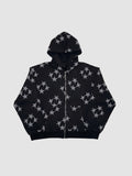 Y2K Studio black zip-up hoodie featuring an all-over grey star pattern, hood, and front pockets.
