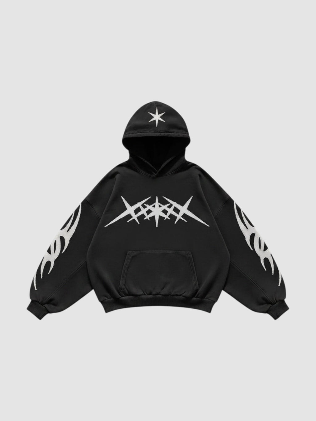 Y2K Studio oversized black washed hoodie with white tribal flame prints on sleeves and star graphic on the hood.