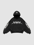 Y2K Studio oversized black washed hoodie with white tribal flame prints on sleeves and star graphic on the hood.