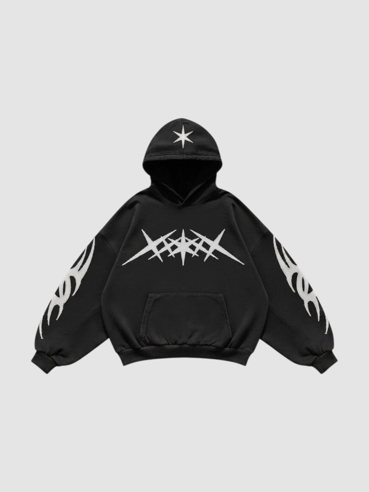 Y2K Studio oversized black washed hoodie with white tribal flame prints on sleeves and star graphic on the hood.