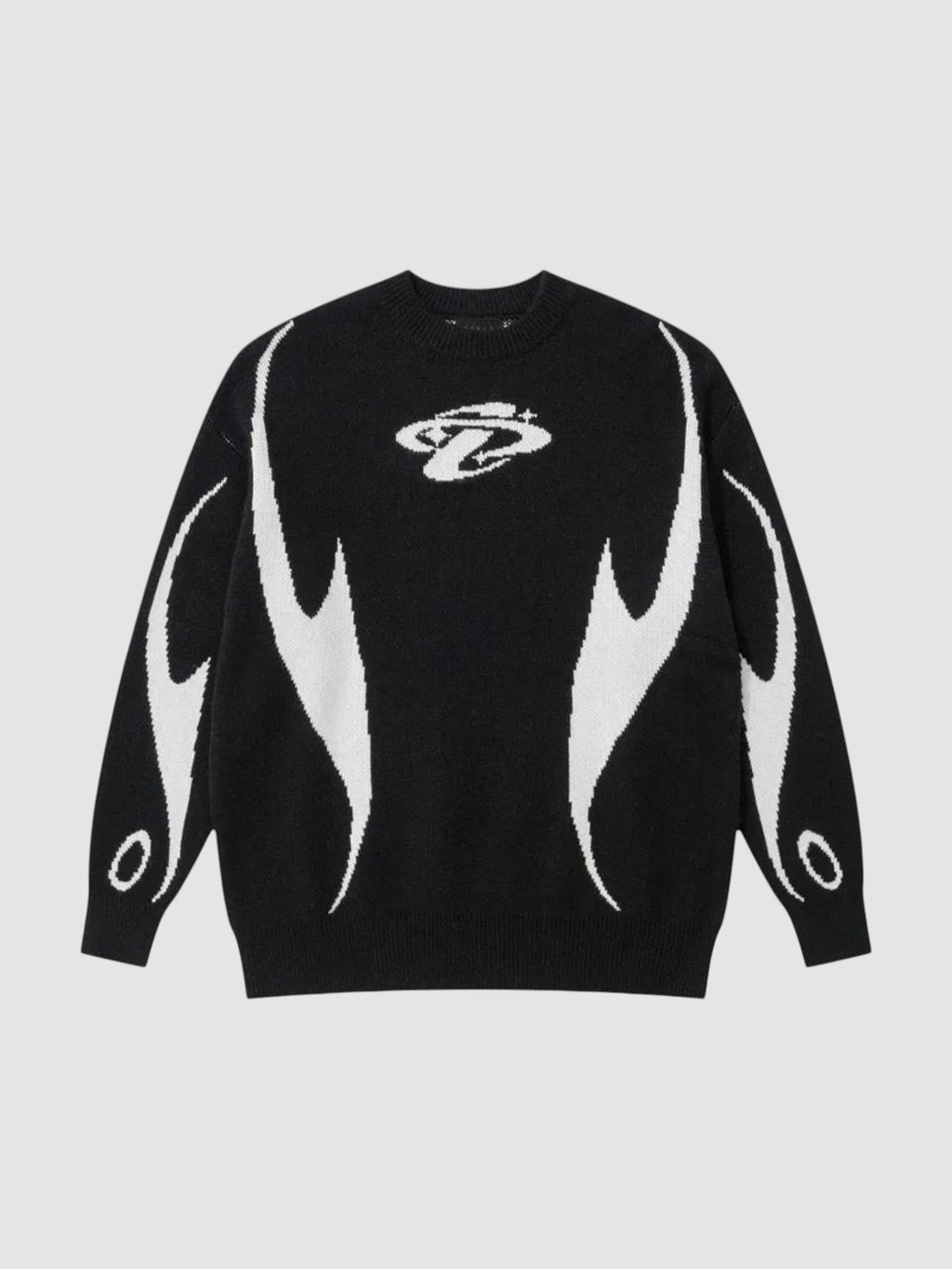 Y2K STUDIO black and white knit sweater featuring an abstract flame motif and a small embroidered chest logo.