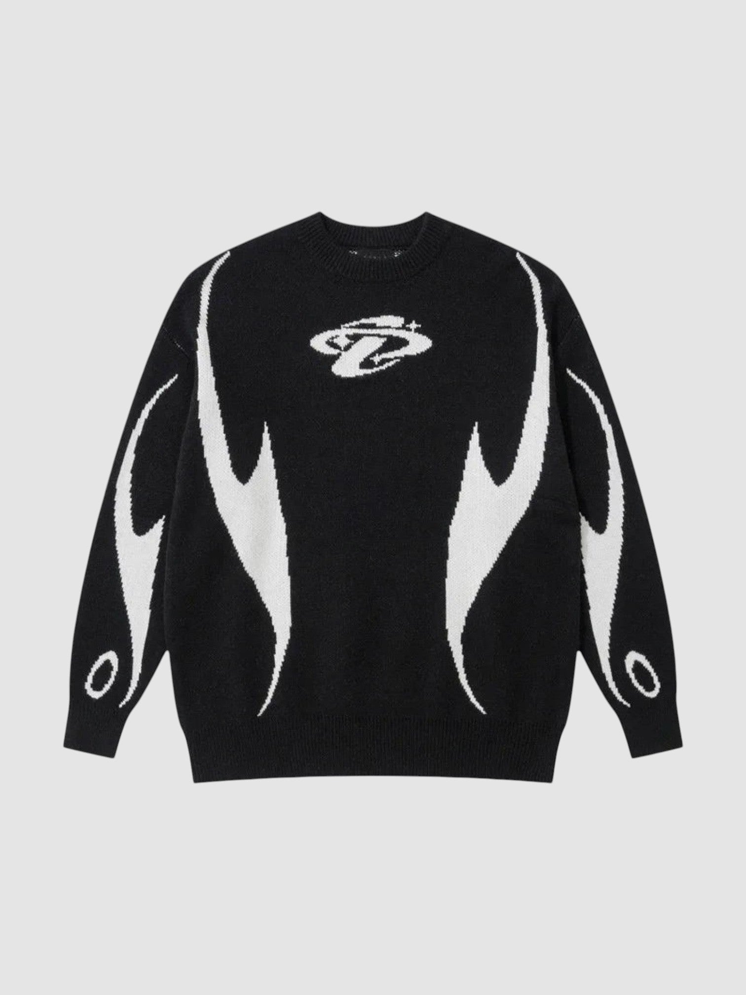 Y2K STUDIO black and white knit sweater featuring an abstract flame motif and a small embroidered chest logo.