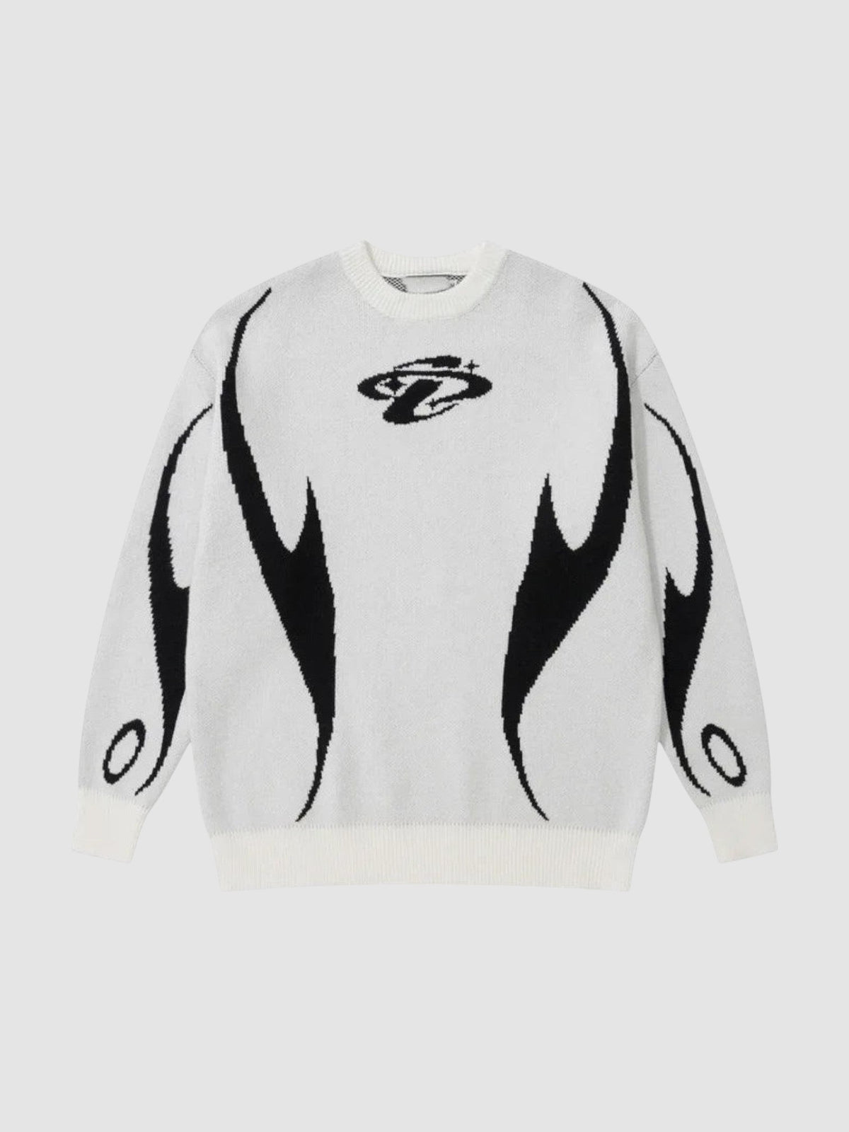 Y2K STUDIO black and white knit sweater featuring an abstract flame motif and a small embroidered chest logo.