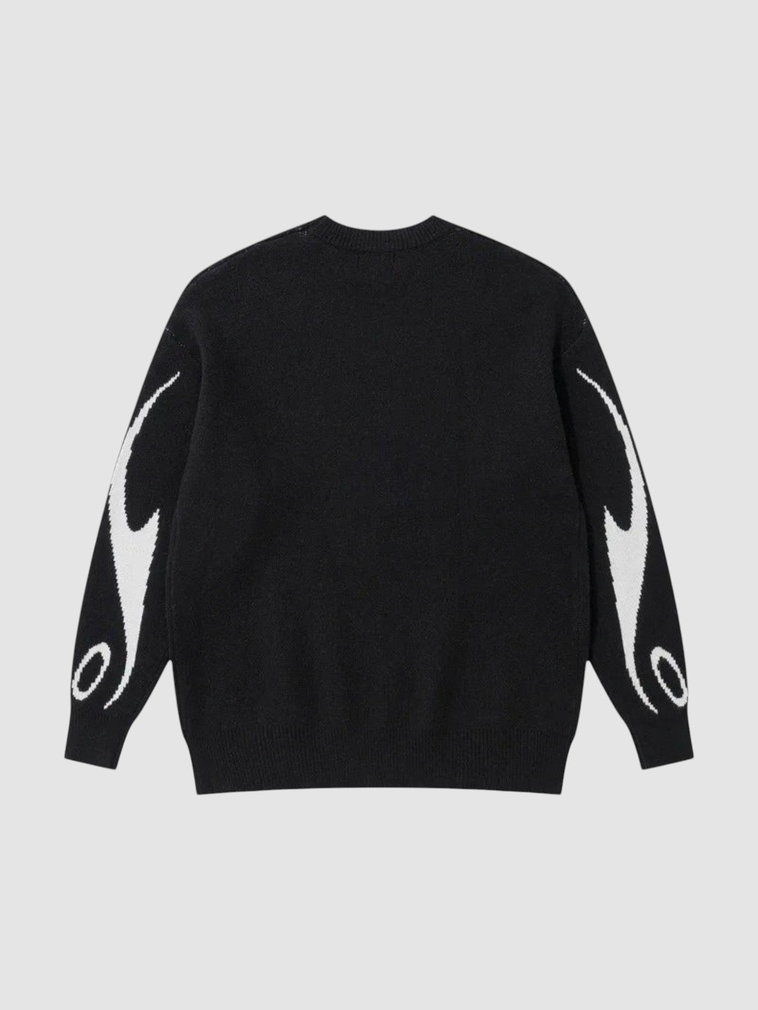 Y2K STUDIO black knit sweater with white flame motifs on the sleeves and a relaxed fit, back view.