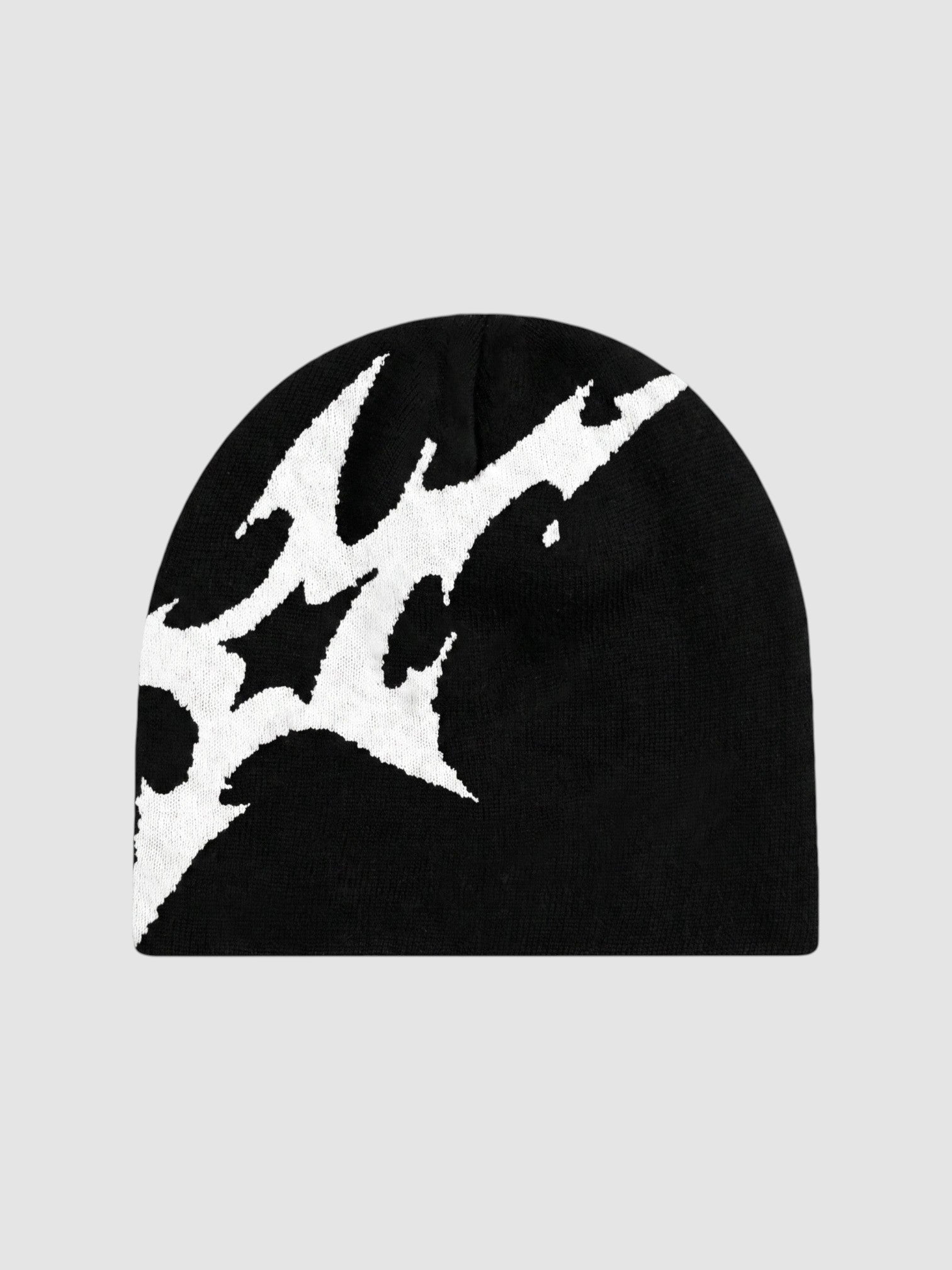 Y2K Studio black acrylic beanie featuring an asymmetrical white stylized lightning bolt graphic pattern.