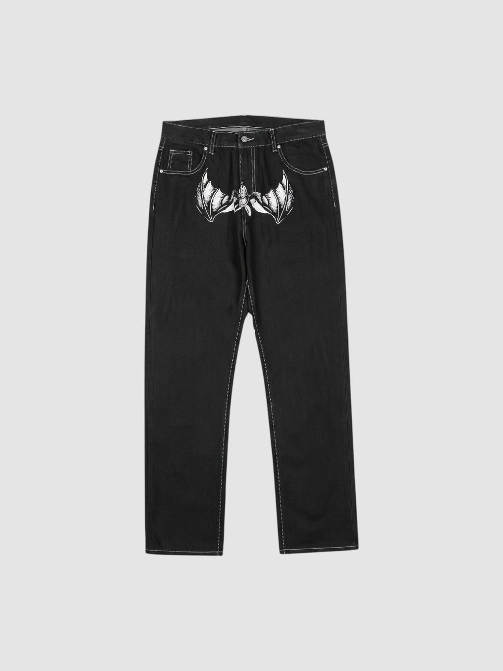Y2K Studio black straight-leg denim jeans featuring white wing prints on the front and contrast white stitching.