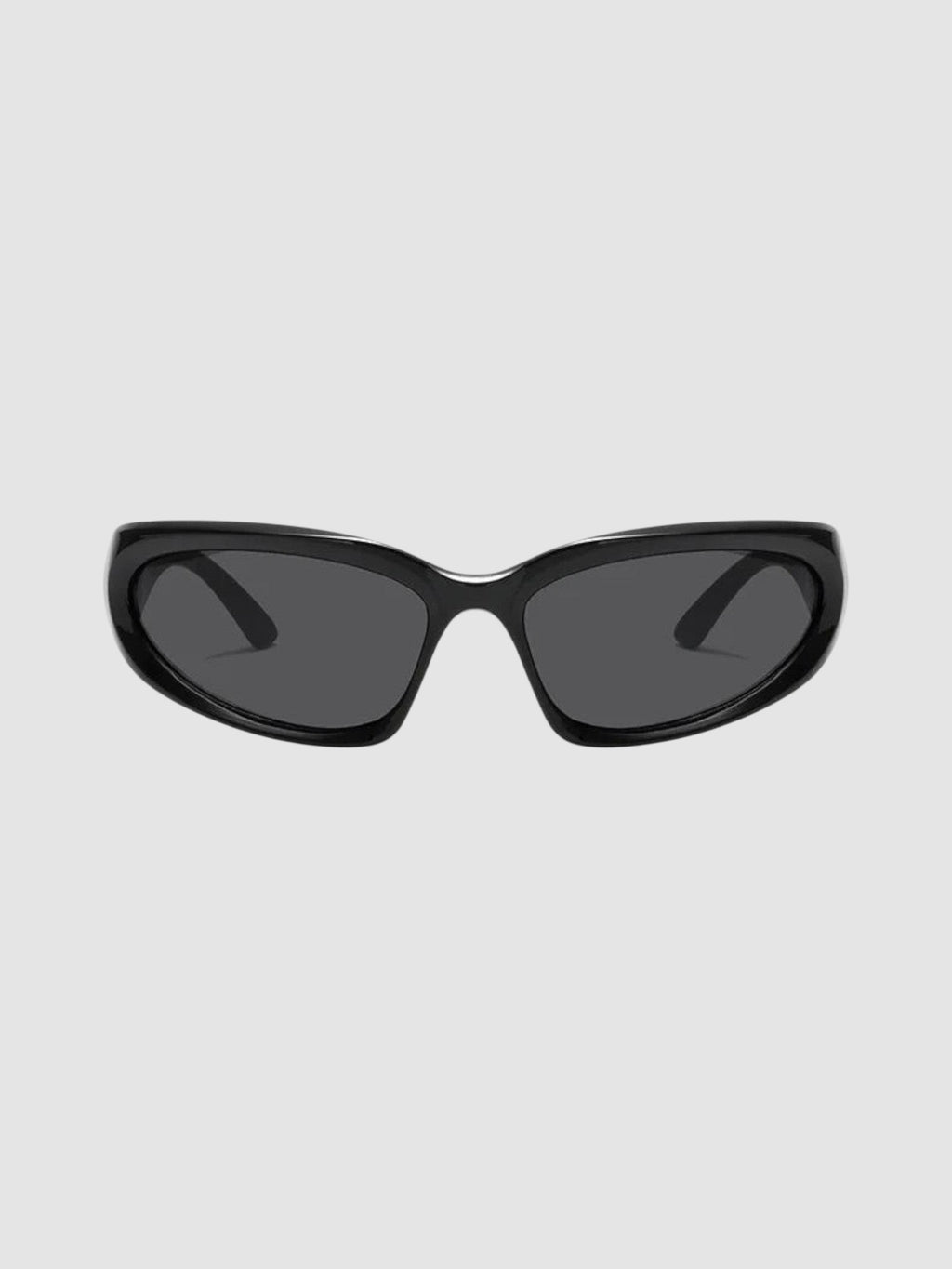 Y2K Studio matte black wraparound gorpcore sunglasses with dark grey tinted lenses for an active techwear look.