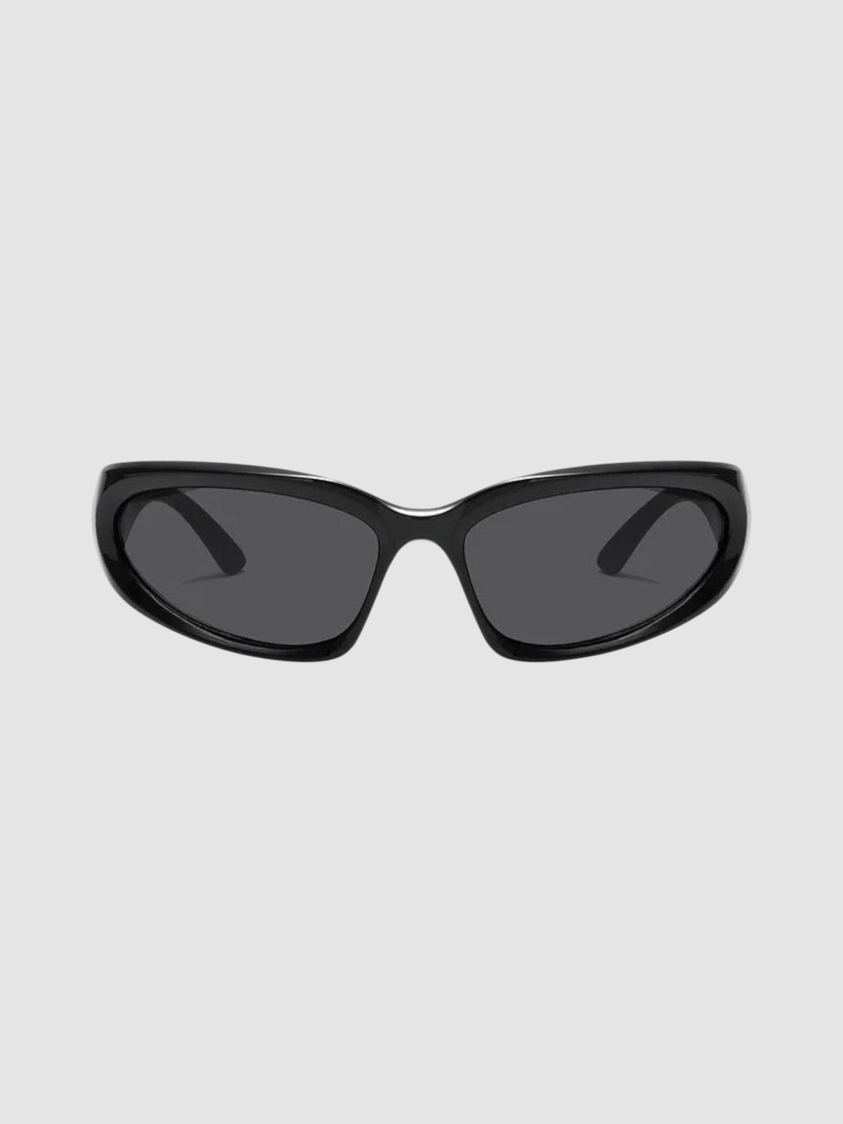 Y2K Studio matte black wraparound gorpcore sunglasses with dark grey tinted lenses for an active techwear look.