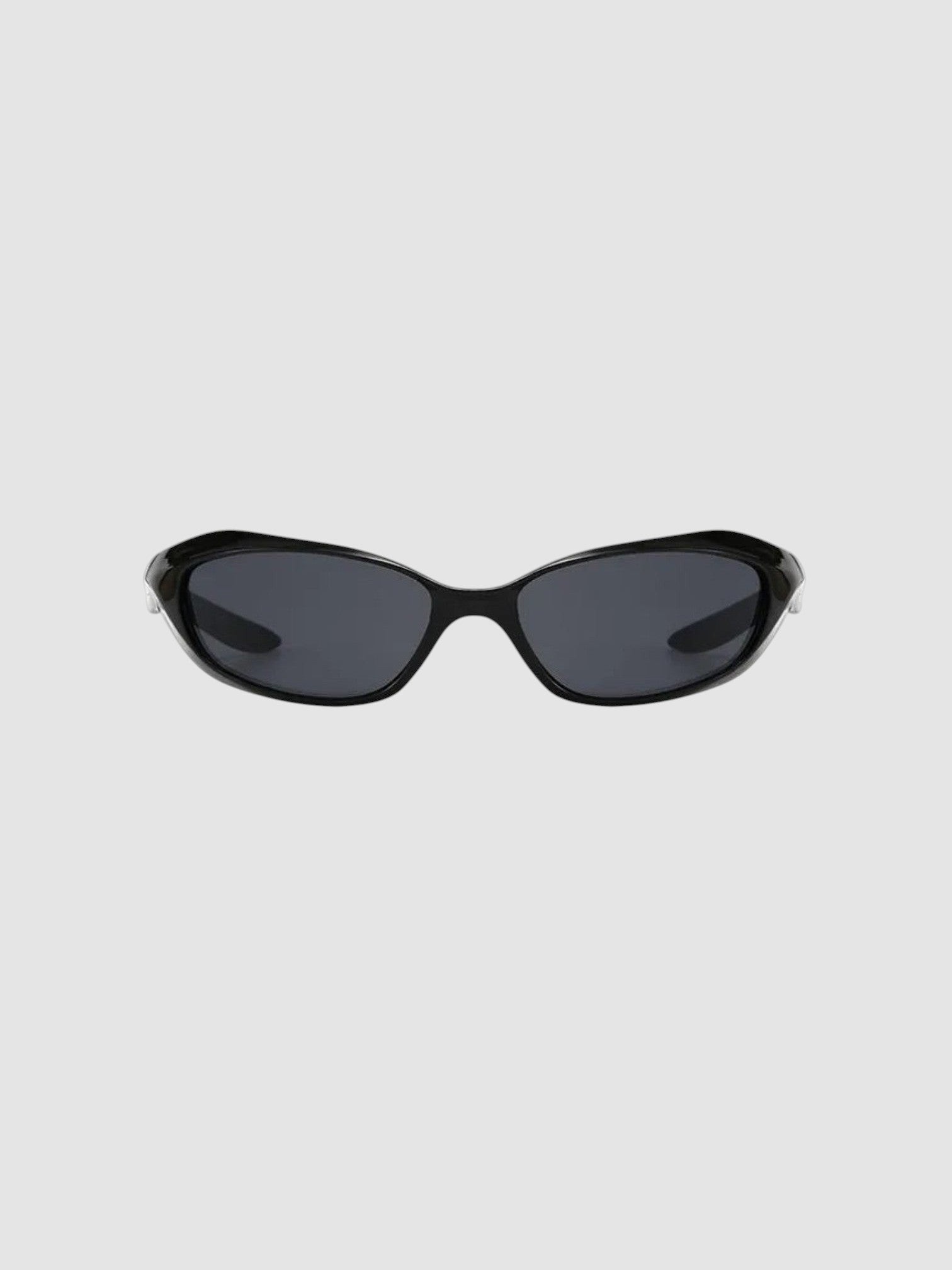 Y2K Studio black wraparound sunglasses with dark tinted lenses and a sleek, aerodynamic frame design.