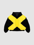 Y2K Studio black and yellow bomber jacket with a large cross design, high collar, and cropped ribbed hem.