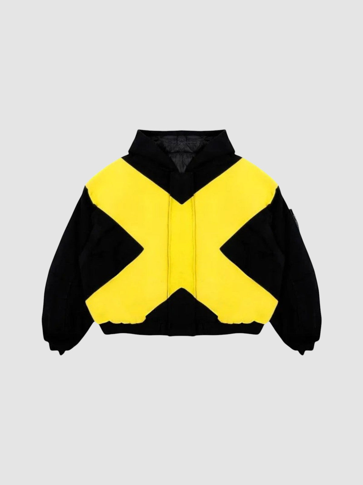 Y2K Studio black and yellow bomber jacket with a large cross design, high collar, and cropped ribbed hem.