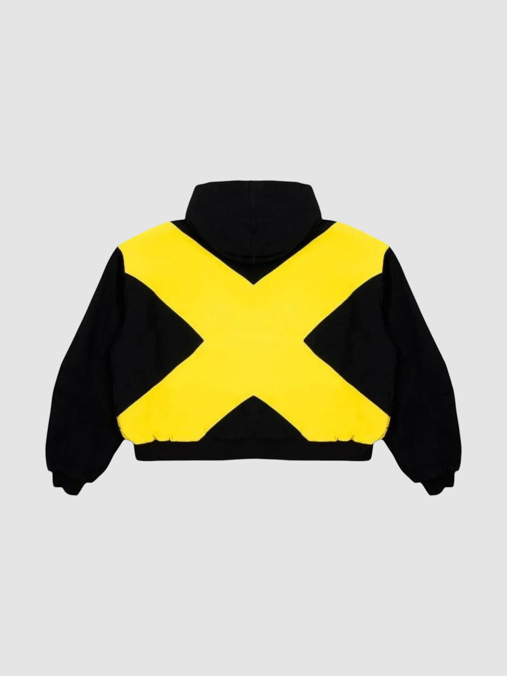 Y2K Studio black bomber jacket with a large yellow cross design on the back and a high collar.