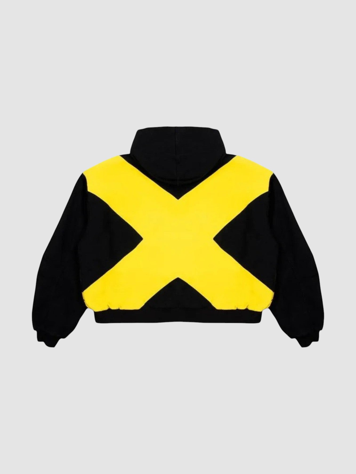 Y2K Studio black bomber jacket with a large yellow cross design on the back and a high collar.