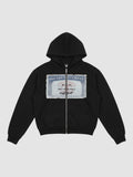 Y2K Studio black zip-up hoodie featuring a Social Security card graphic print on the chest and a metal front zipper.