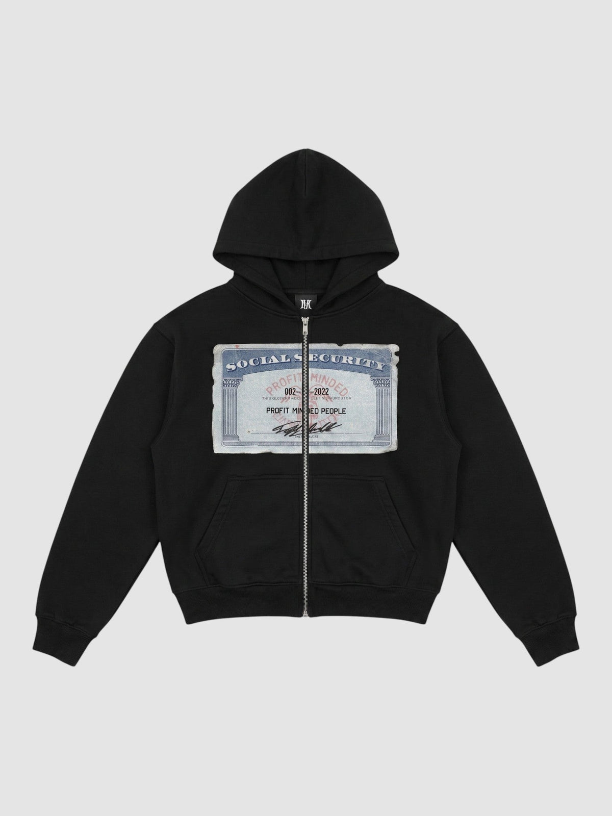 Y2K Studio black zip-up hoodie featuring a Social Security card graphic print on the chest and a metal front zipper.