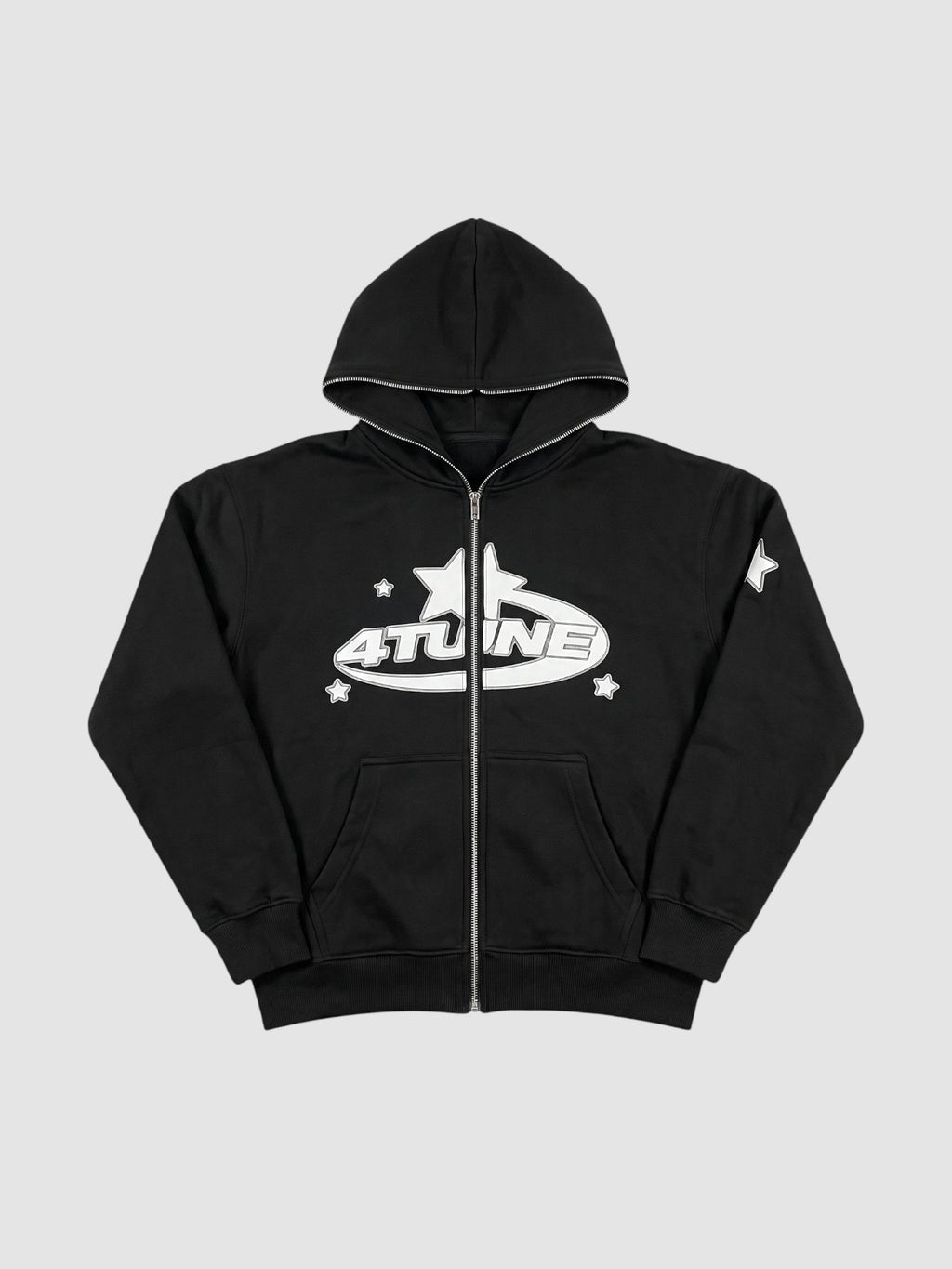 Y2K Studio black zip-up hoodie with white star and lettering graphic, featuring a fleece-lined interior and hood.