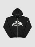 Y2K Studio black zip-up hoodie with white star and lettering graphic, featuring a fleece-lined interior and hood.