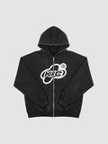 Y2K Studio black zip-up hoodie with white bubble logo, contrast piping on hood and zipper, and oversized fit.
