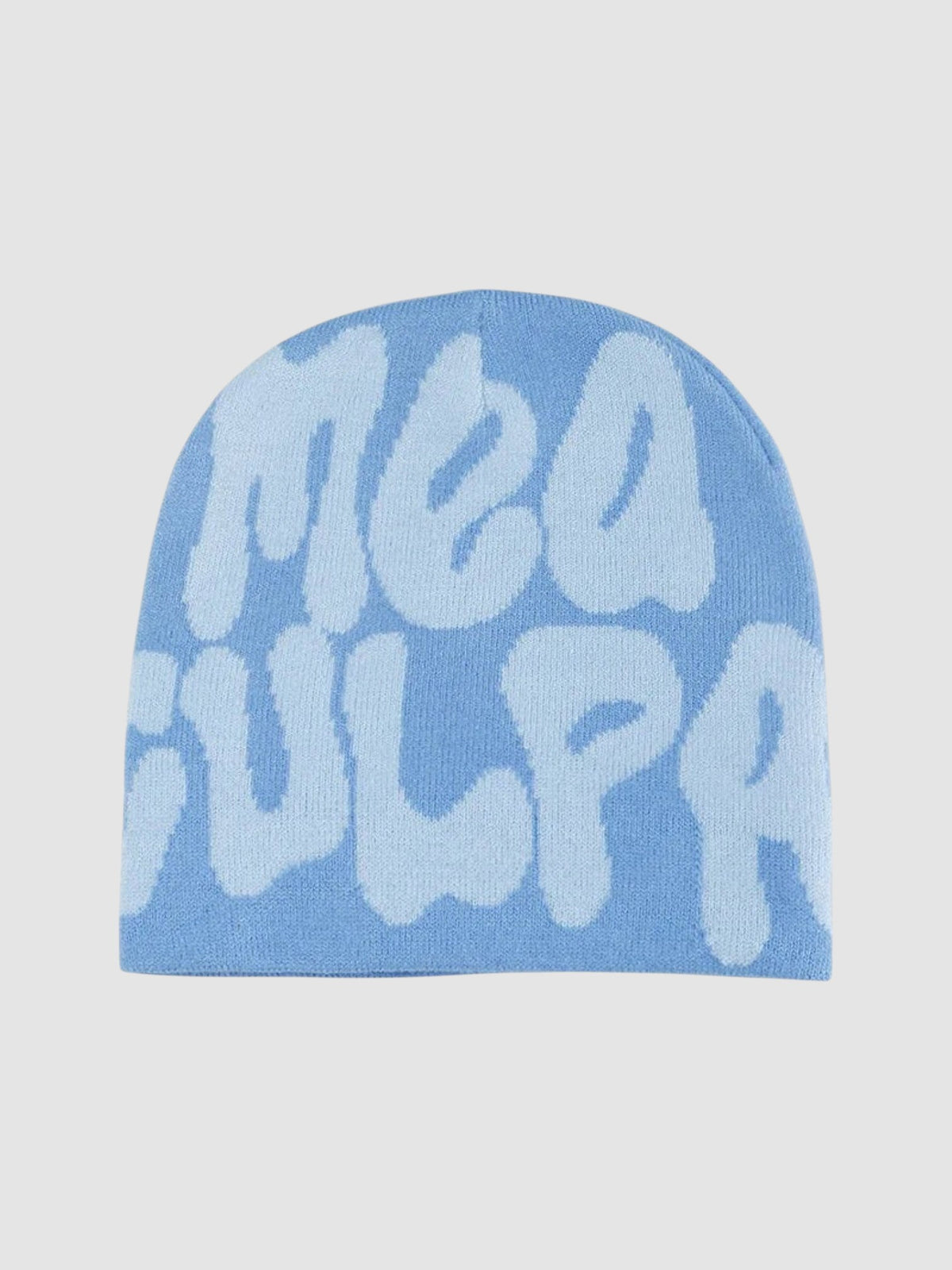 Y2K Studio blue beanie with light blue bubble letter graffiti print in a skullie style without a cuff.