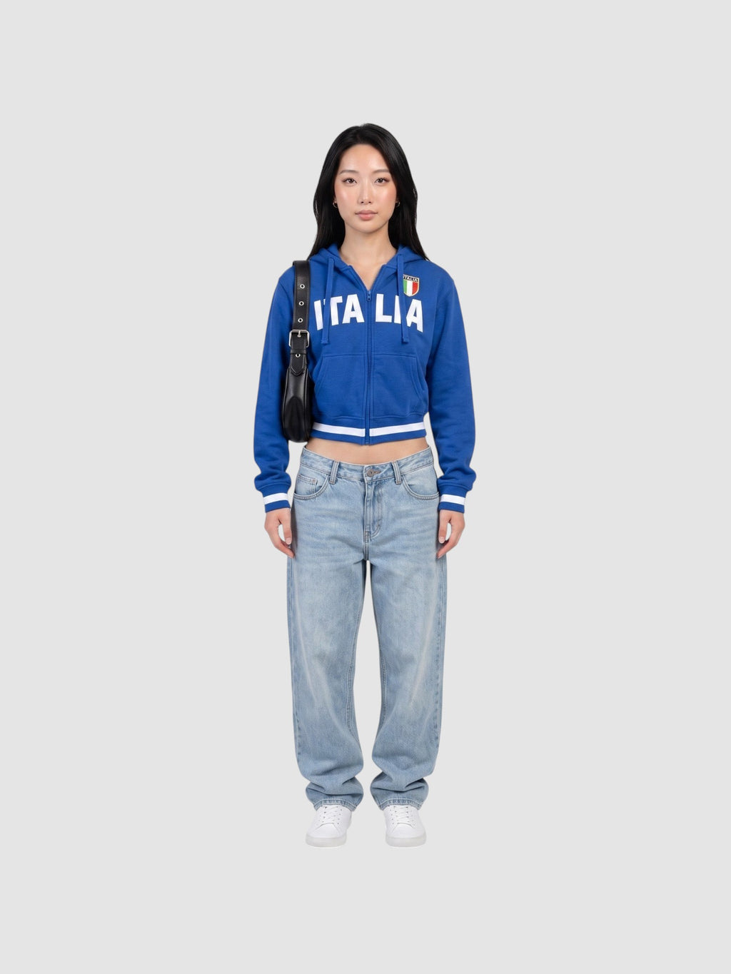 Y2K STUDIO royal blue cropped zip-up hoodie with white ITALIA lettering and Italian flag patch on a model