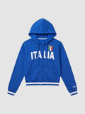 Y2K Studio royal blue zip-up hoodie with white ITALIA lettering, Italian flag patch, and striped ribbed cuffs.