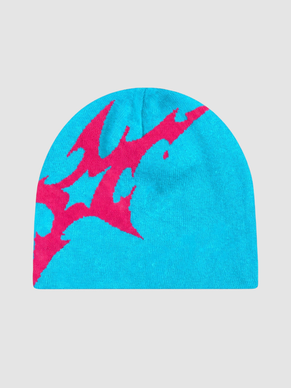 Y2K Studio beanie in bright blue acrylic knit with a bold, asymmetrical pink lightning bolt graphic pattern.