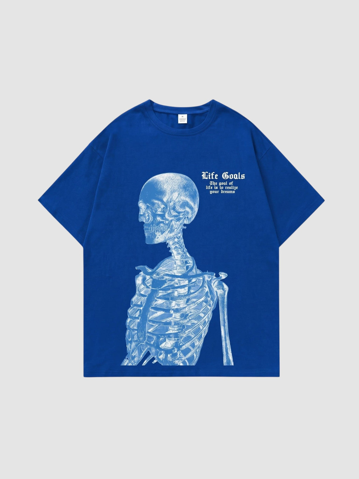 Y2K Studio unisex blue cotton t-shirt featuring a white skeleton print and gothic Life Goals text on the front