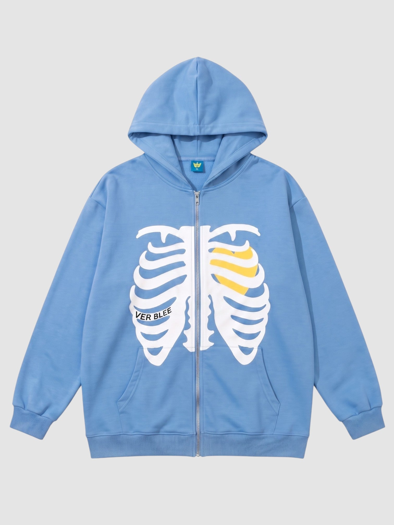 Y2K Studio blue zip-up hoodie featuring a white skeleton rib cage print and a yellow heart detail on the chest.