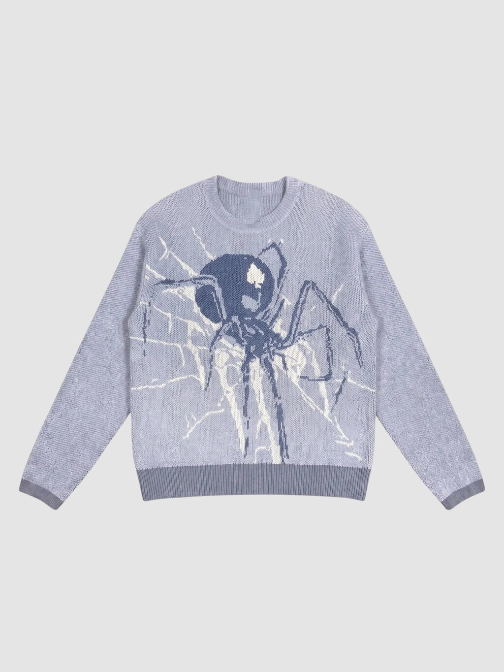 Y2K STUDIO blue knit sweater featuring a large gothic spider web design on the chest with a crew neck and loose fit.