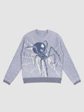 Y2K STUDIO blue knit sweater featuring a large gothic spider web design on the chest with a crew neck and loose fit.