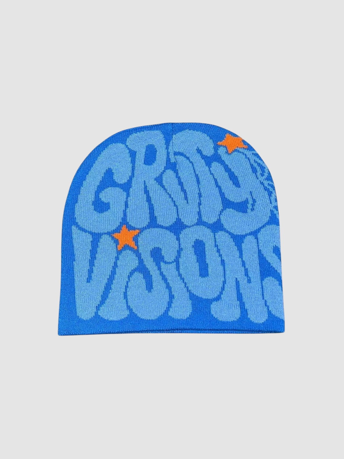 Y2K Studio vintage beanie in blue with groovy bubble lettering and orange star accents in a soft knit fabric