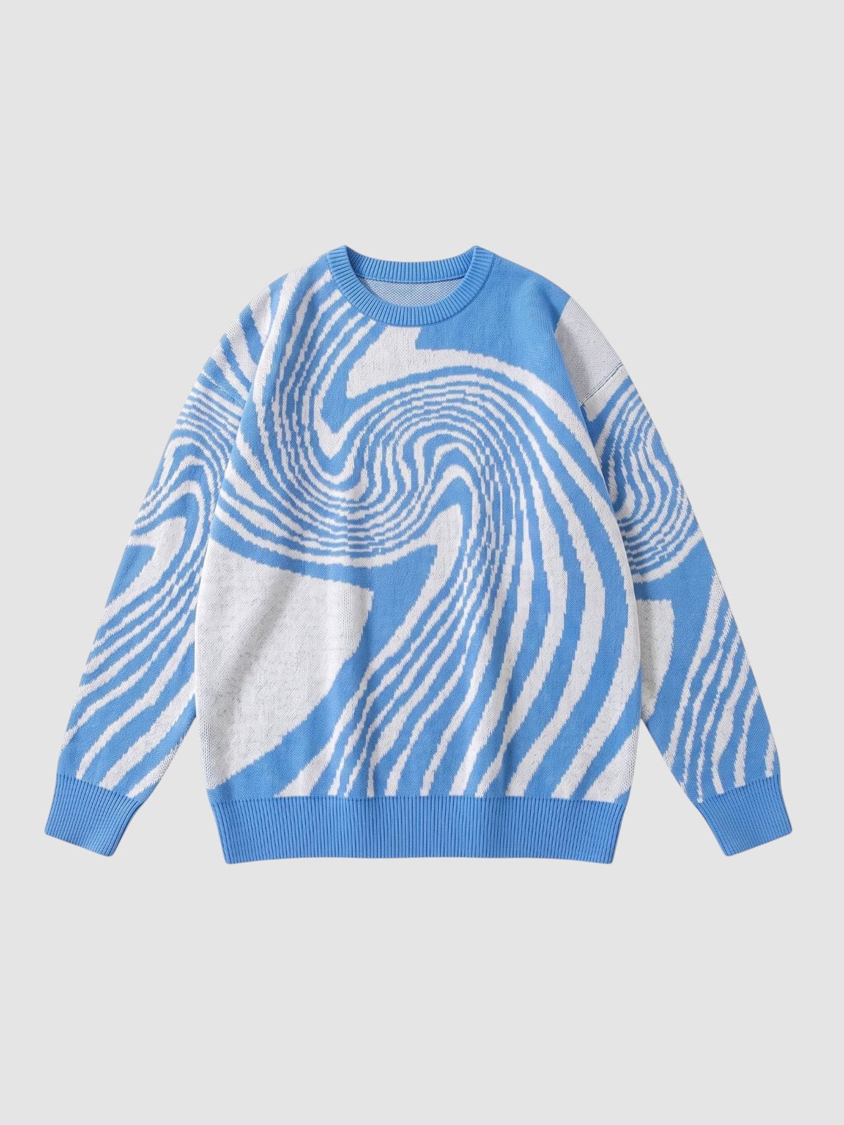 Y2K STUDIO blue and white spiral pattern knit sweater with a crew neck and long sleeves in a lightweight polyester.