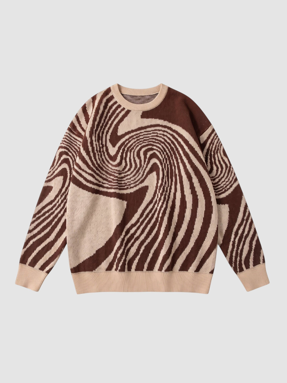 Y2K STUDIO brown and beige spiral pattern knit sweater with a round neck and ribbed cuffs in a lightweight design.