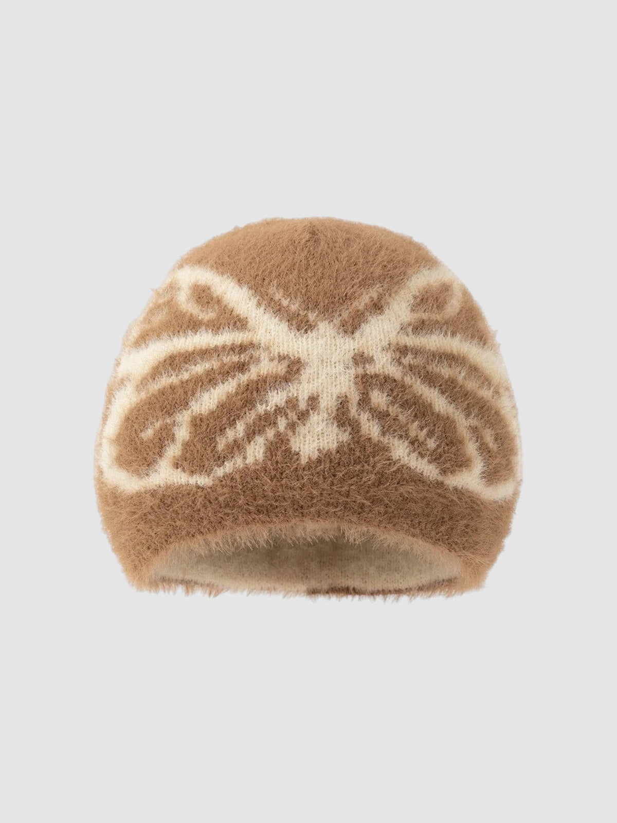 Y2K Studio brown fuzzy beanie with a cream-colored butterfly wing pattern in a soft, plush texture.