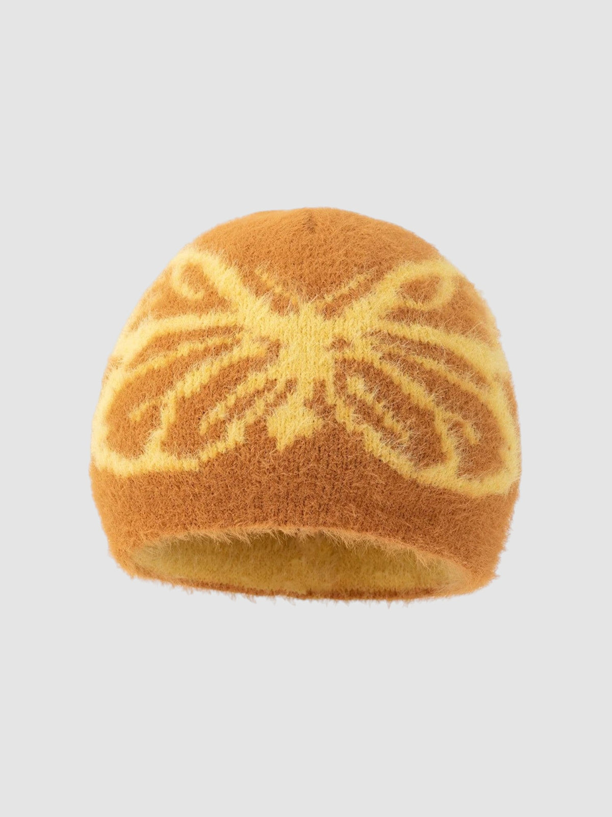 Y2K Studio fuzzy brown beanie with a yellow butterfly wing pattern in a soft, plush texture.