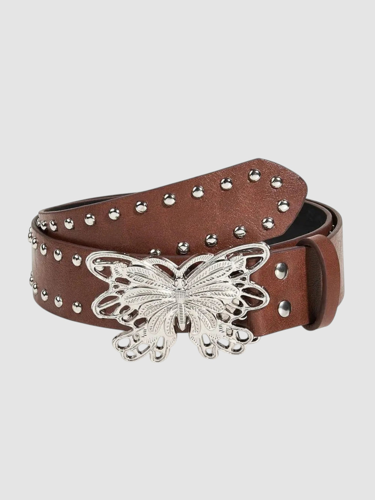 Y2K Studio brown faux leather belt featuring silver butterfly filigree buckle and metal stud detailing.