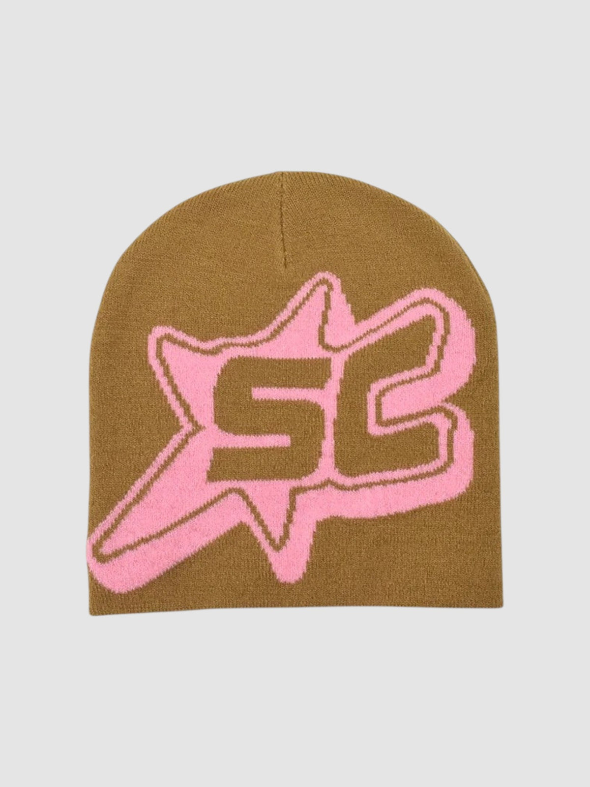 Y2K Studio brown skullie beanie featuring a pink SC monogram inside a star design in a soft knit fabric