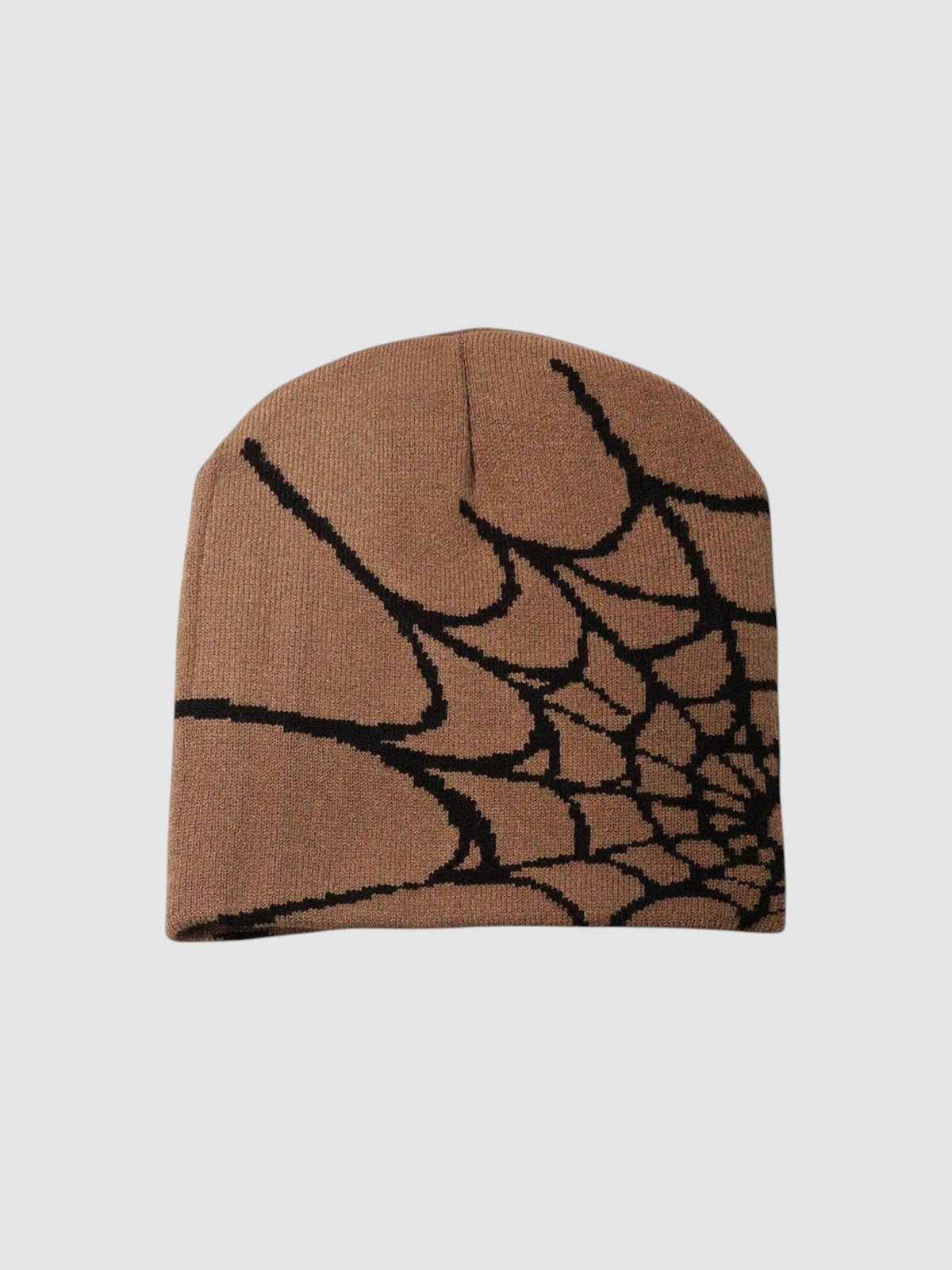 Y2K Studio brown knit beanie featuring a black spider web graphic pattern on a lightweight polyester fabric